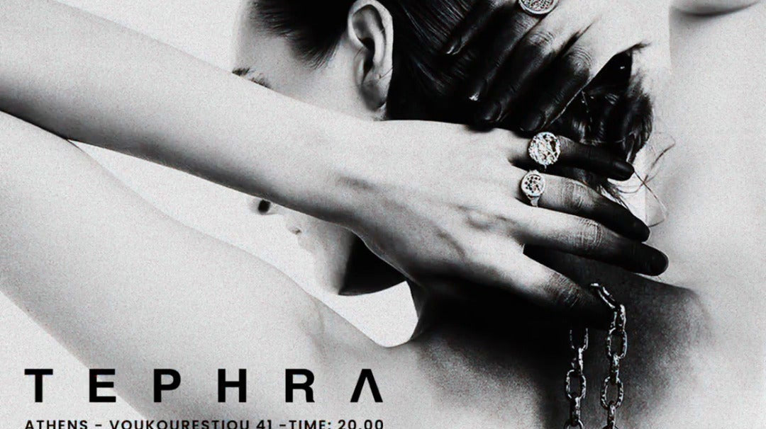 Poster of TEPHRA Athens event night 06.11 showing a monochrome image of a person in an avant-garde pose with chain details, promoting the concept-store’s fashion and art event at Voukourestiou 41.