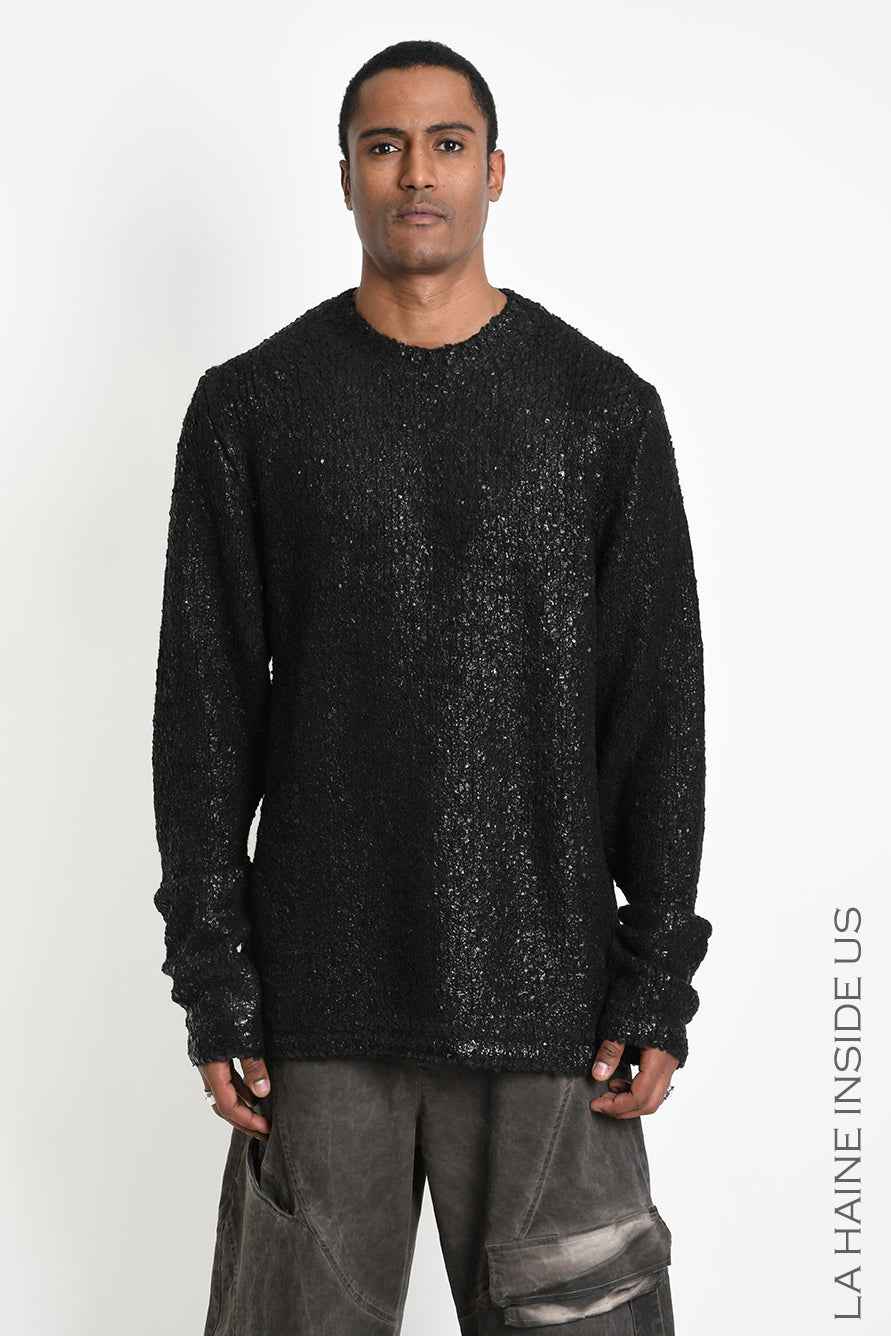 3K M1297 Sweater - Black Comfort Long Bouclé Thickness 3 Handcrafted Laminated Treatment Made in Italy