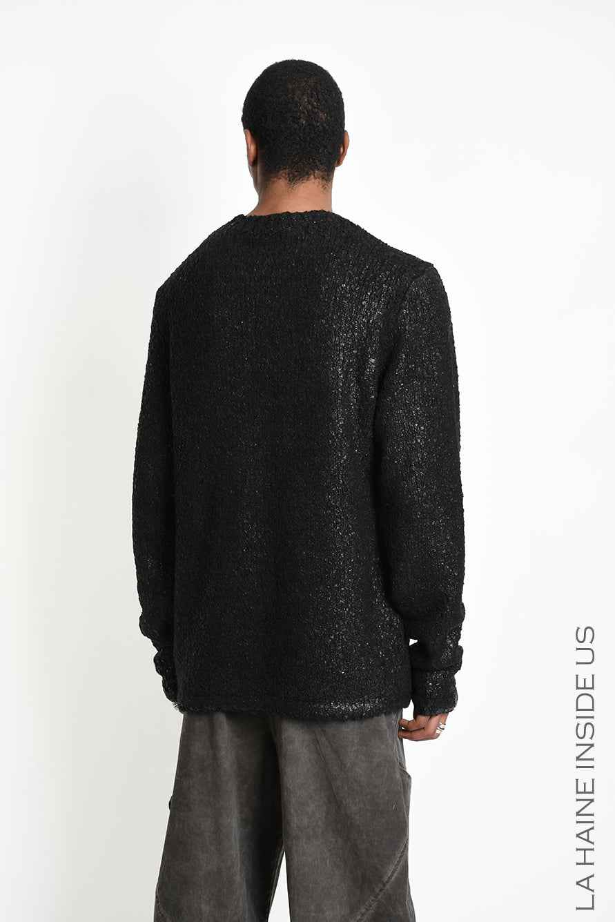 3K M1297 Sweater - Black Comfort Long Bouclé Thickness 3 Handcrafted Laminated Treatment Made in Italy