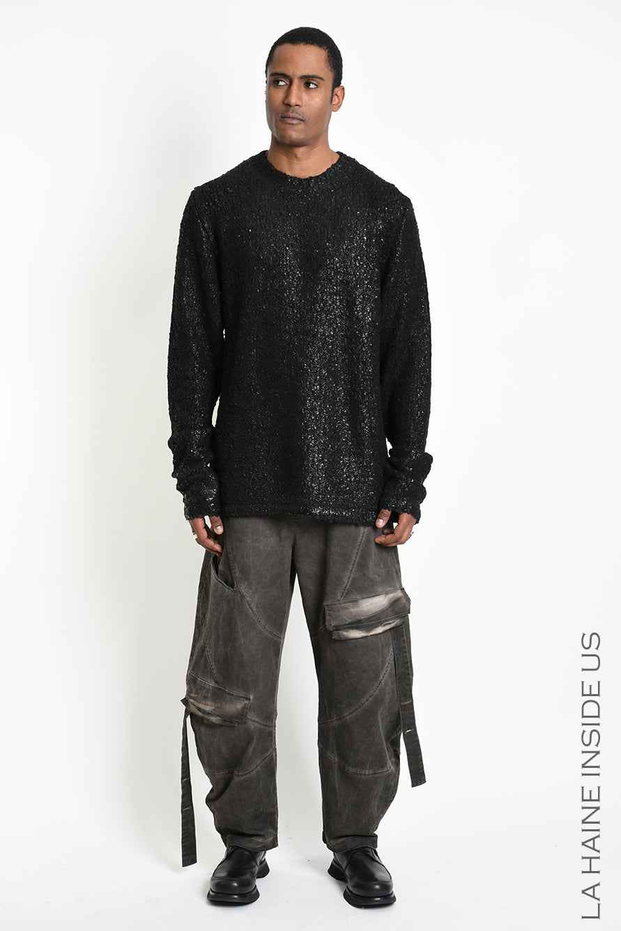 3K M1297 Sweater - Black Comfort Long Bouclé Thickness 3 Handcrafted Laminated Treatment Made in Italy