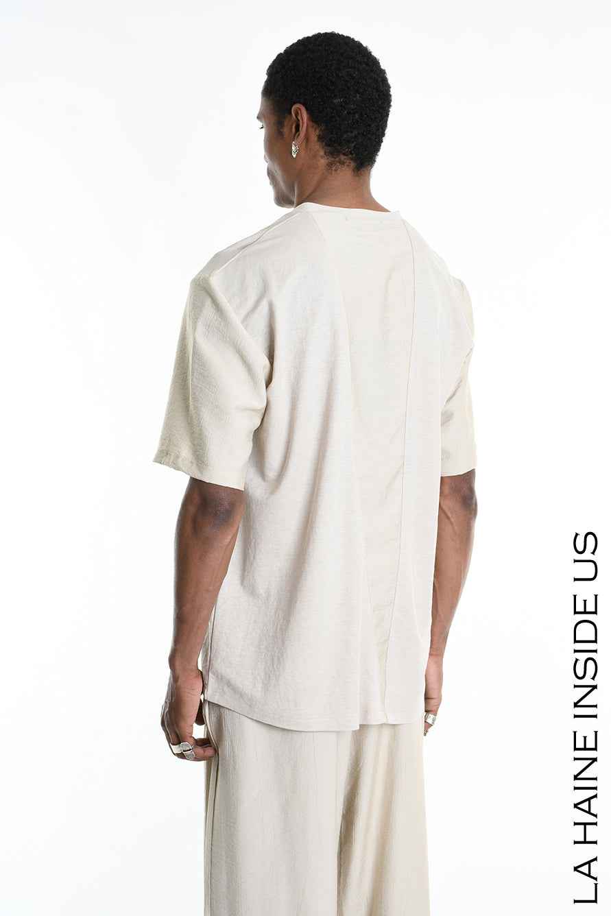LA HAINE INSIDE US M1269 T-Shirt - Beige Asymmetric Oversized Viscose Nylon Italian Men's