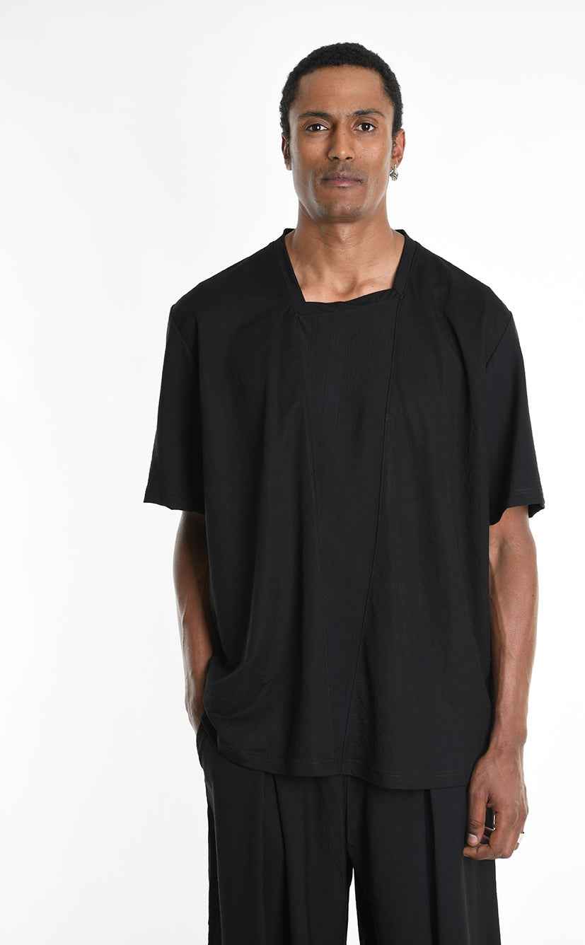 LA HAINE INSIDE US M1269 T-Shirt - Black Asymmetric Oversized Viscose Nylon Italian Men's