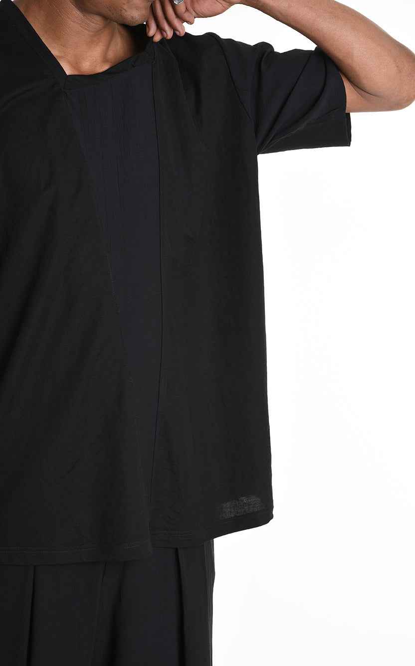LA HAINE INSIDE US M1269 T-Shirt - Black Asymmetric Oversized Viscose Nylon Italian Men's