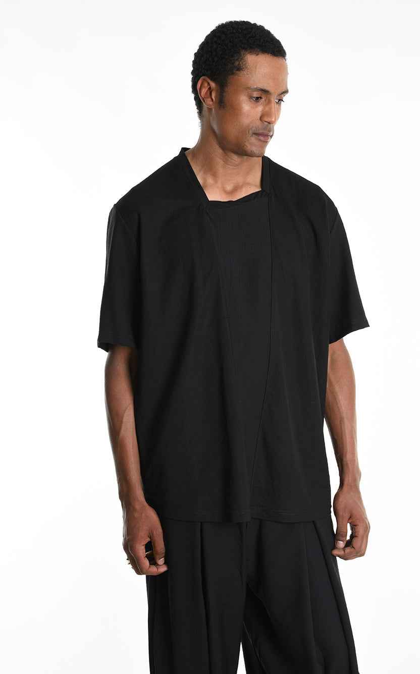 LA HAINE INSIDE US M1269 T-Shirt - Black Asymmetric Oversized Viscose Nylon Italian Men's