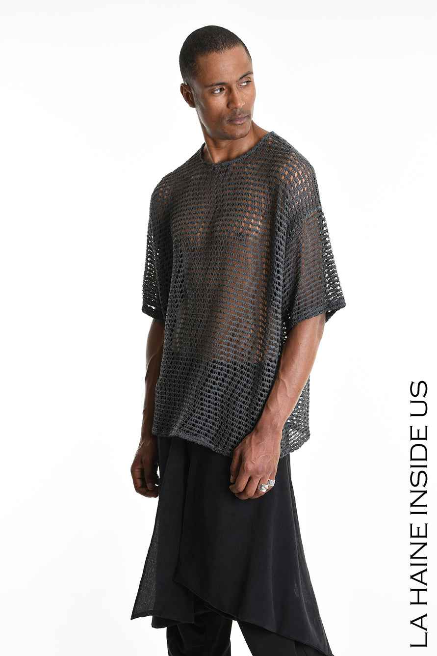 3V M1226 T-Shirt - Gray Oversized Net Cold Dyed Cotton Blend Italian Men's