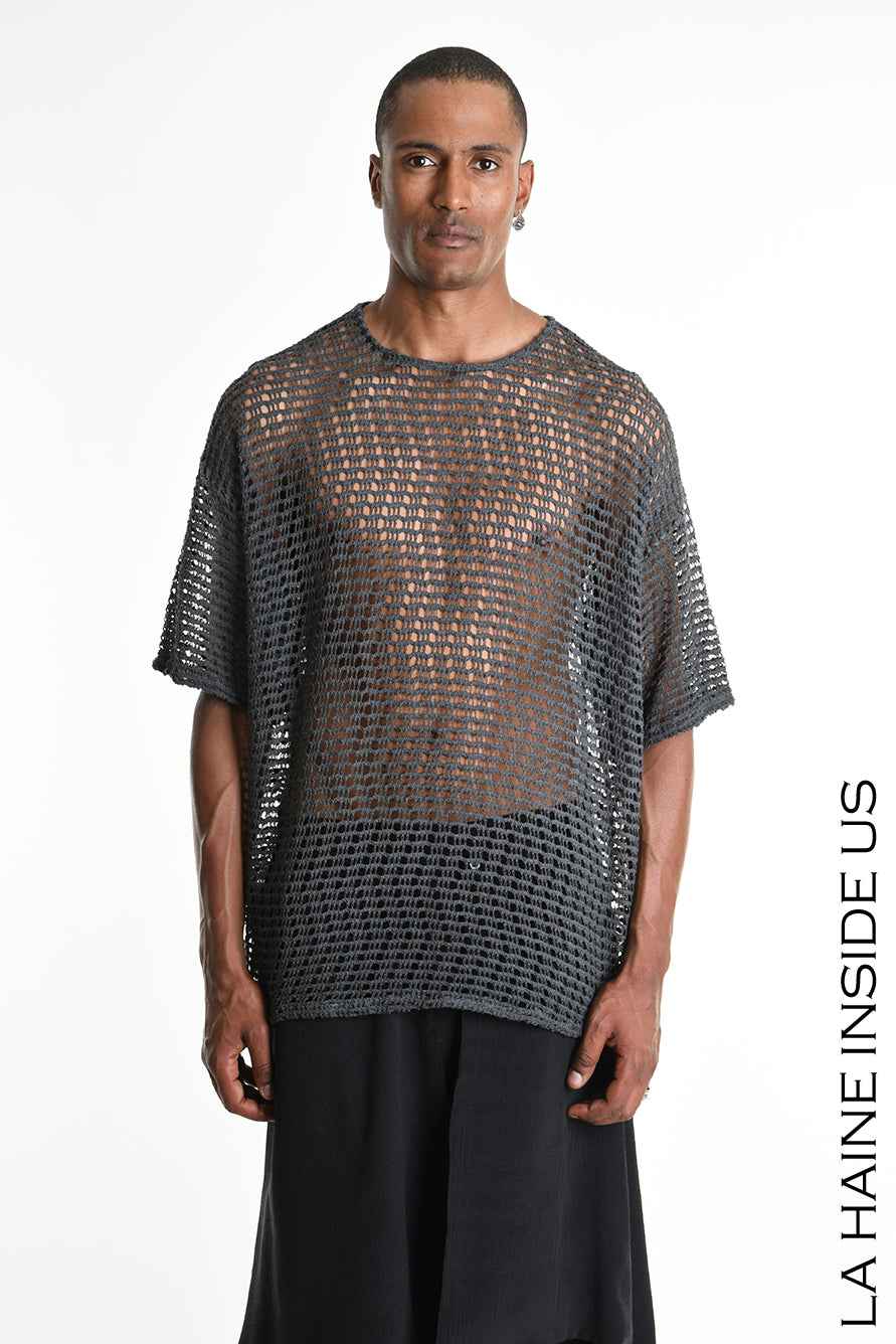 3V M1226 T-Shirt - Gray Oversized Net Cold Dyed Cotton Blend Italian Men's