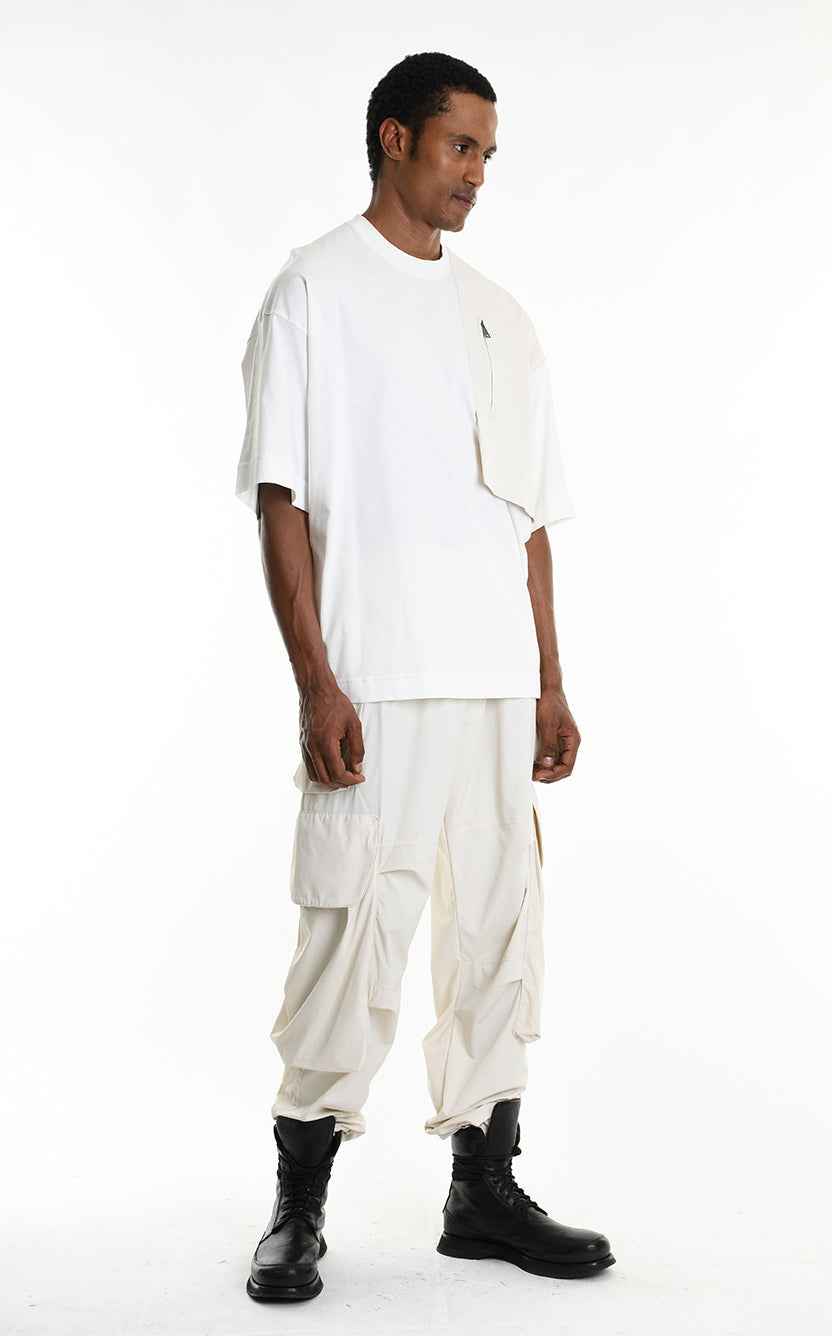 LA HAINE INSIDE US M1214 T-Shirt - White Oversized Cotton Stretch Nylon Panel Italian Men's