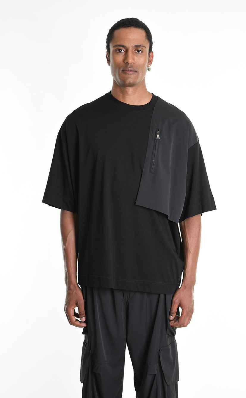 LA HAINE INSIDE US M1214 T-Shirt - Black Oversized Cotton Stretch Nylon Panel Italian Men's
