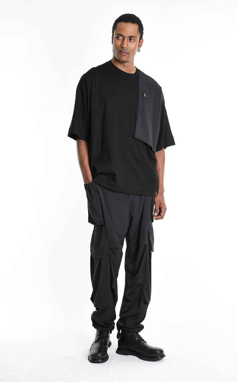 LA HAINE INSIDE US M1214 T-Shirt - Black Oversized Cotton Stretch Nylon Panel Italian Men's