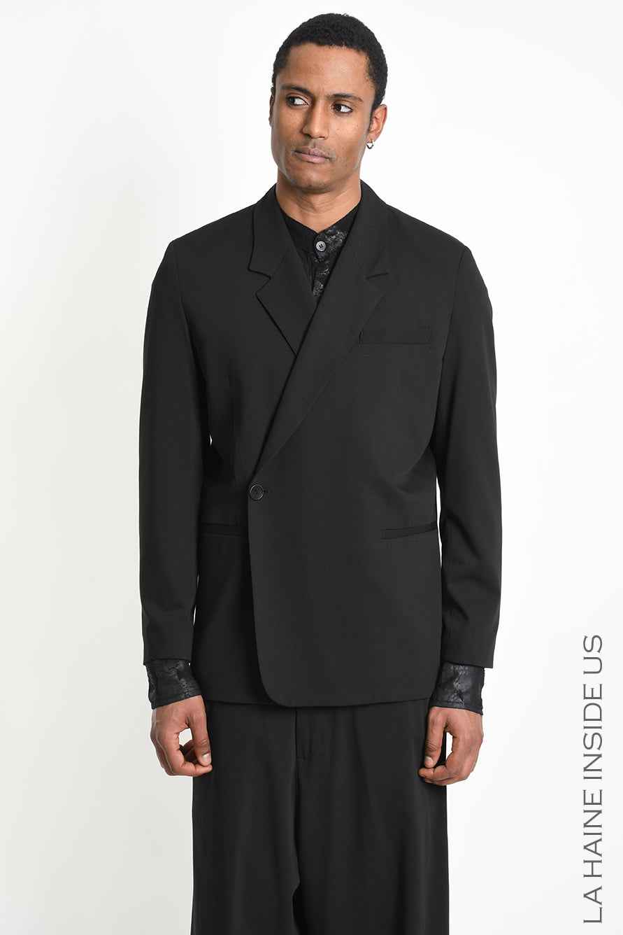 M1316 Jacket - Black Oversized Fluid Wool Blend Shoulder Pads Drawstring Italian Men's