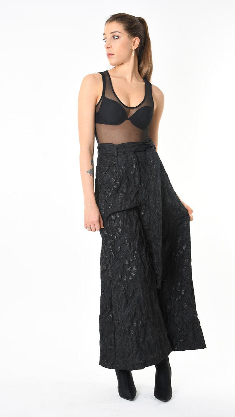 A34B LW85025 TROUSER Wide Flared Jacquard Coated Black