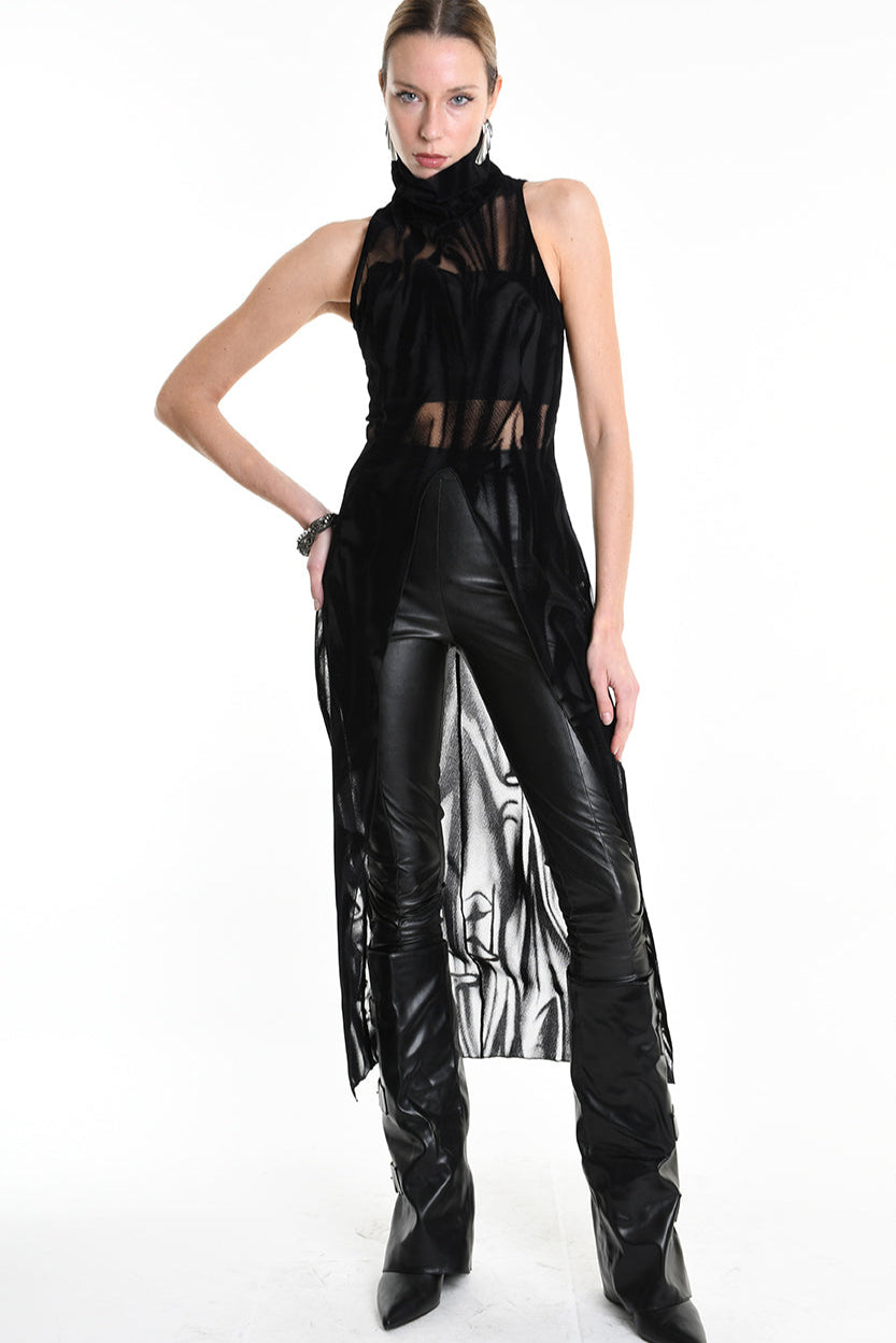 4B W5138 TANK TOP Over Tulle Devore Flocked Stretch Black LA HAINE INSIDE US