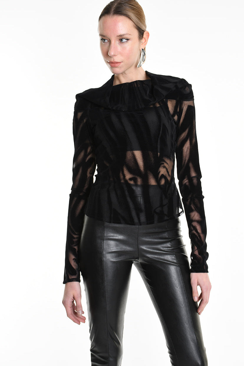 4B W5139 SWEATER Tulle Devore Flocked Stretch Black LA HAINE INSIDE US