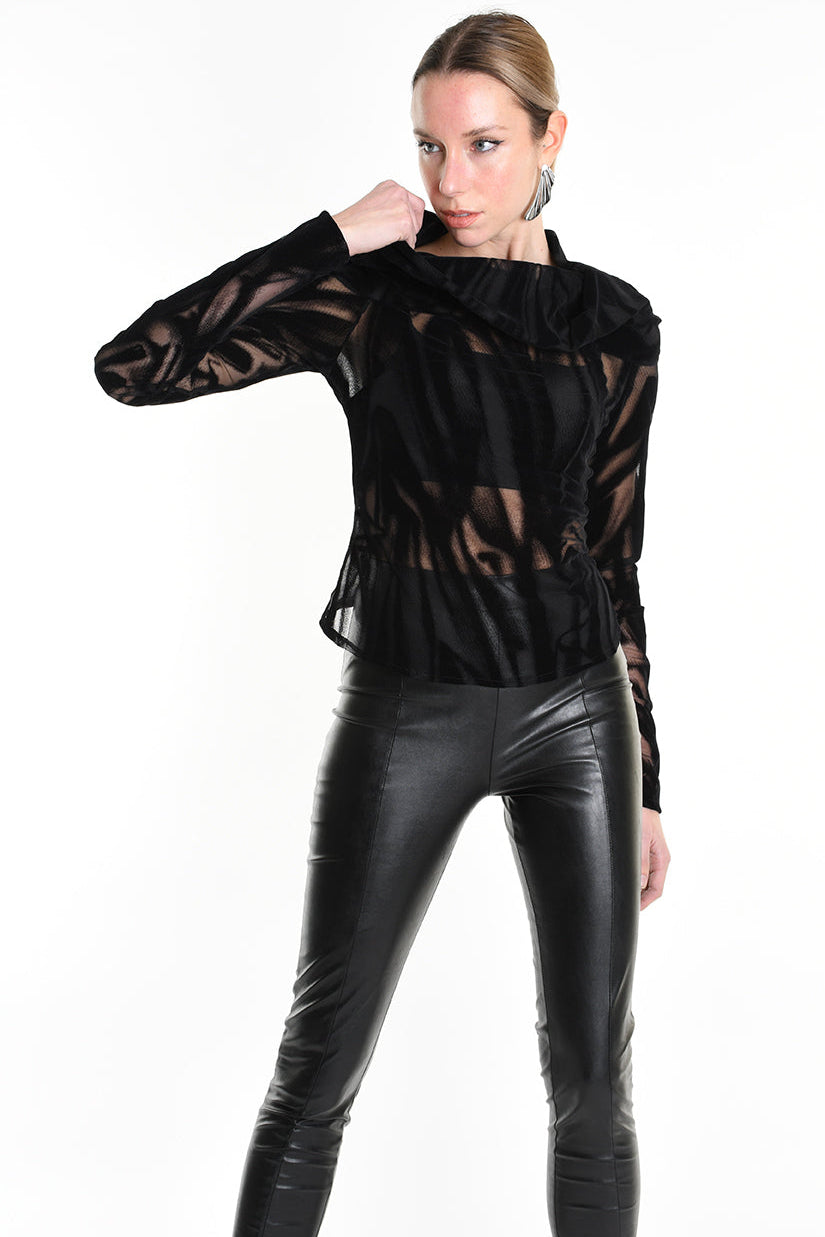 4B W5139 SWEATER Tulle Devore Flocked Stretch Black LA HAINE INSIDE US