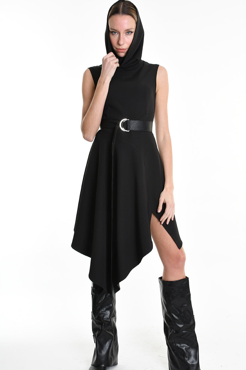 4B W5174 DRESS Asymmetric Tecno Stretch & Faux Leather Black LA HAINE INSIDE US