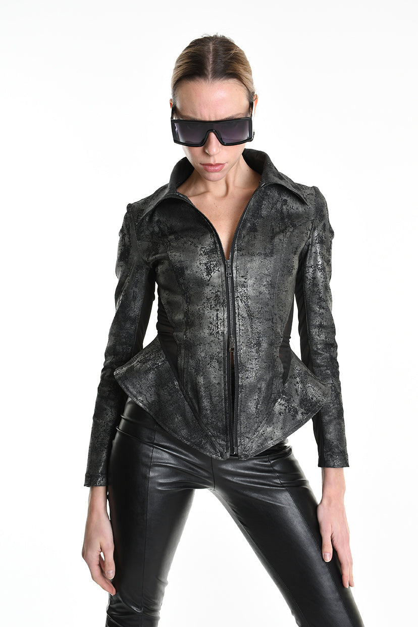 4B W5186 SLIM FIT JACKET in Laminated Stretch Gabardine & Stretch Tulle Black LA HAINE INSIDE US