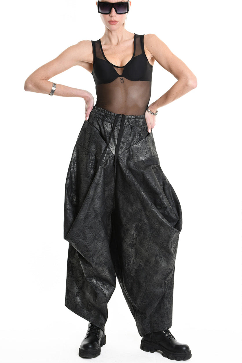 4B W5187 TROUSER Cargo Gabardina Stretch Print Coated UNISEX Black LA HAINE INSIDE US