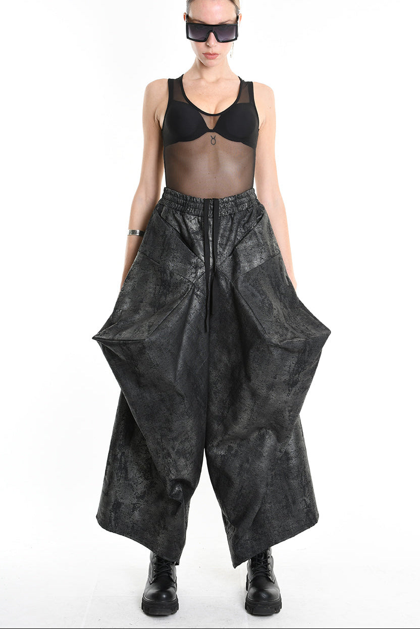 4B W5187 TROUSER Cargo Gabardina Stretch Print Coated UNISEX Black LA HAINE INSIDE US