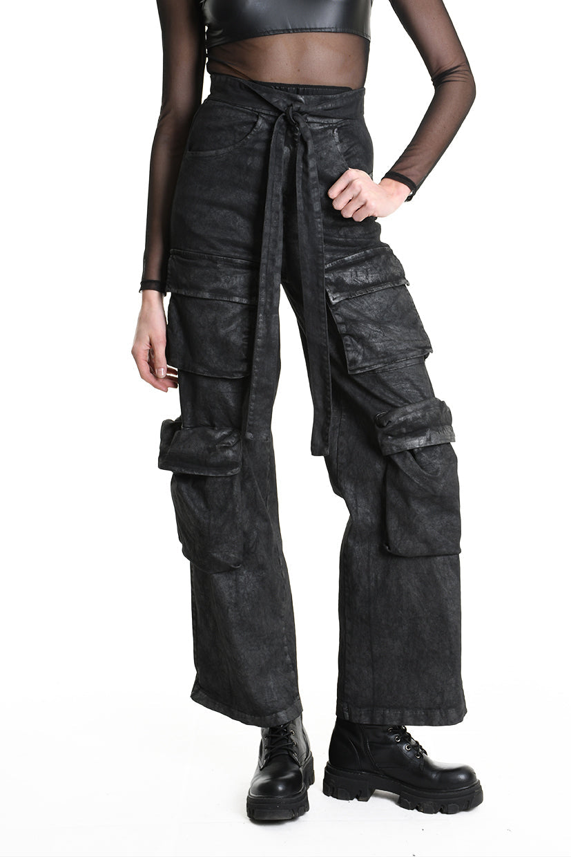 4B W5191 TROUSER Wide Fit Gabardine Cotton Dyed Coated Black WOMAN LA HAINE INSIDE US