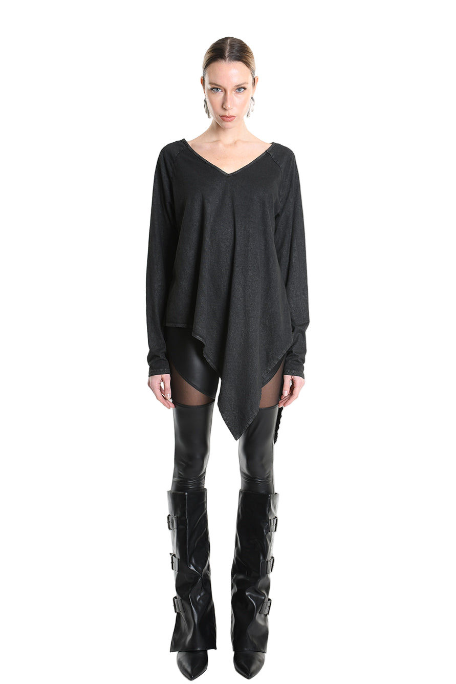 4B W5193 T-SHIRT Over Asymmetric Jersey Dyed Coated Black LA HAINE INSIDE US