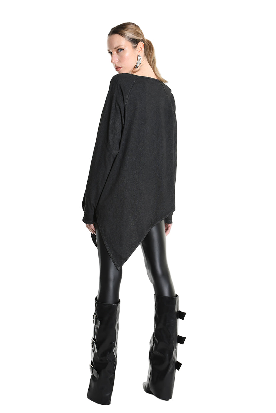 4B W5193 T-SHIRT Over Asymmetric Jersey Dyed Coated Black LA HAINE INSIDE US