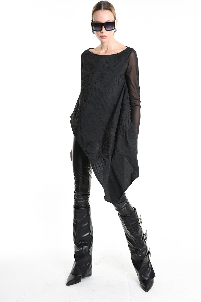 4B W5194 SWEATER Over Asymmetric Nylon Jacquard & Tulle Stretch Black LA HAINE INSIDE US