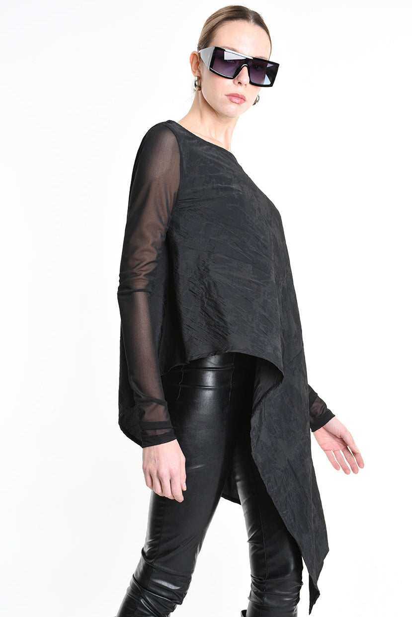 4B W5194 SWEATER Over Asymmetric Nylon Jacquard & Tulle Stretch Black LA HAINE INSIDE US