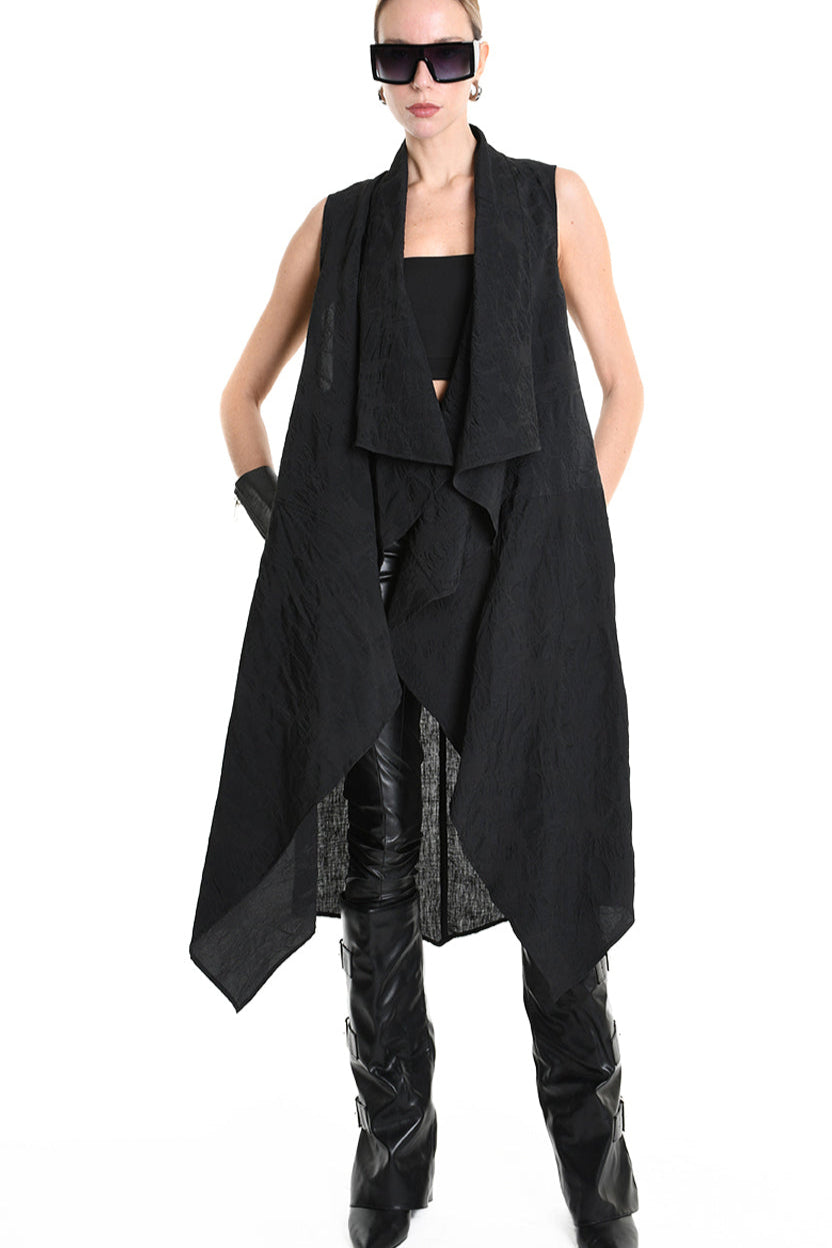 4B W5195 LONG VEST in Nylon Jacquard & Stretch Tulle UNISEX U Black LA HAINE INSIDE US