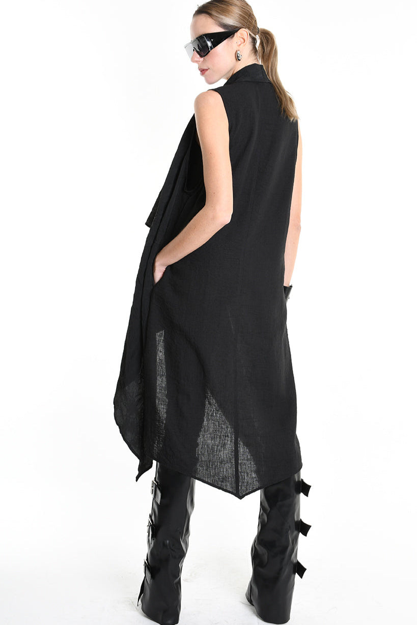 4B W5195 LONG VEST in Nylon Jacquard & Stretch Tulle UNISEX U Black LA HAINE INSIDE US