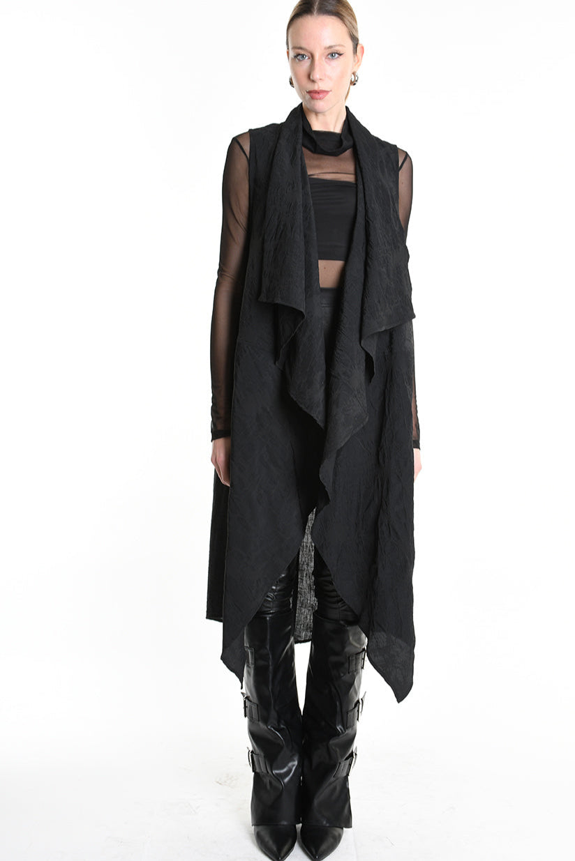 4B W5195 LONG VEST in Nylon Jacquard & Stretch Tulle UNISEX U Black LA HAINE INSIDE US