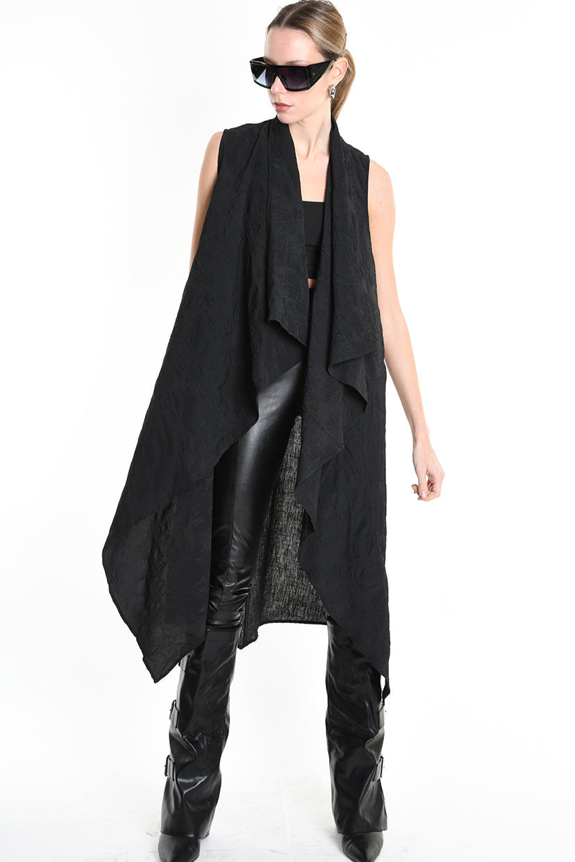 4B W5195 LONG VEST in Nylon Jacquard & Stretch Tulle UNISEX U Black LA HAINE INSIDE US