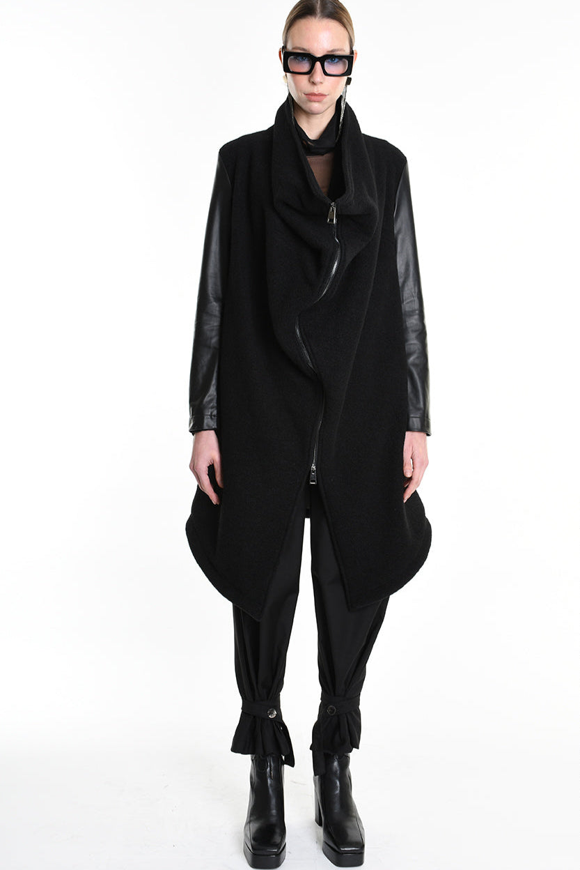 4B W5220 COAT Over Asymmetric Boiled Wool & Nappa Leather Black LA HAINE INSIDE US
