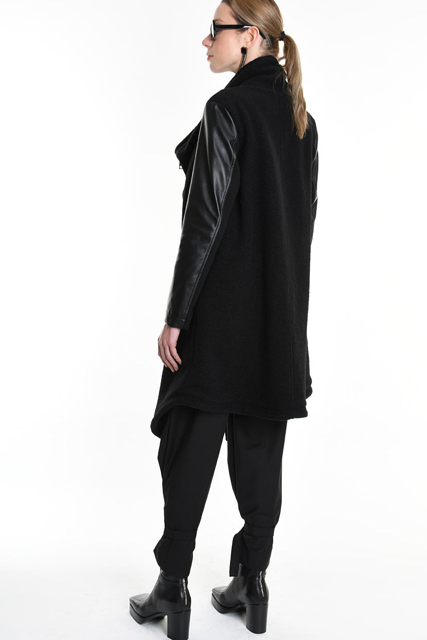 4B W5220 COAT Over Asymmetric Boiled Wool & Nappa Leather Black LA HAINE INSIDE US