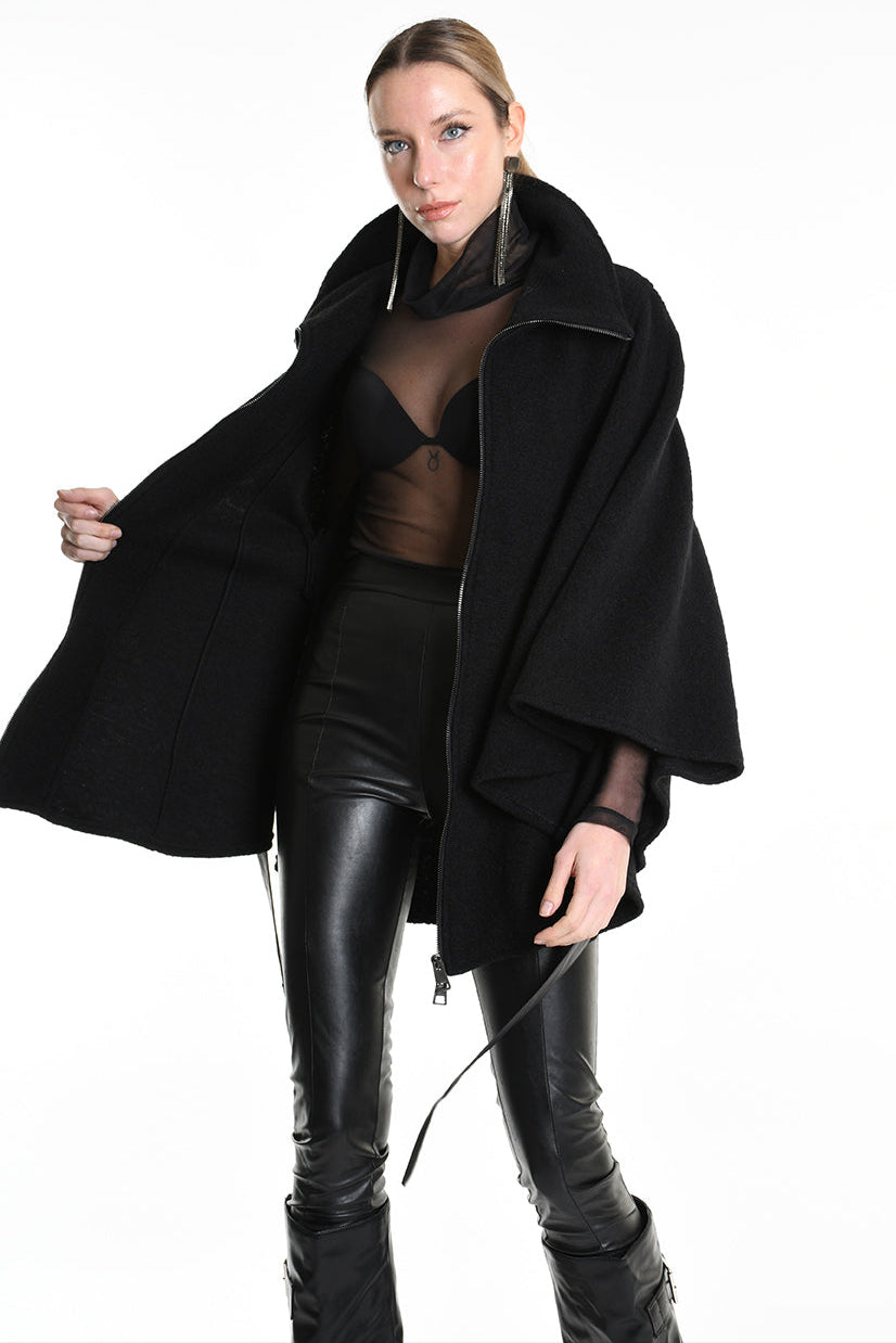 4B W5221 CAPE Asymmetric Boiled Wool & Nappa Leather Black LA HAINE INSIDE US