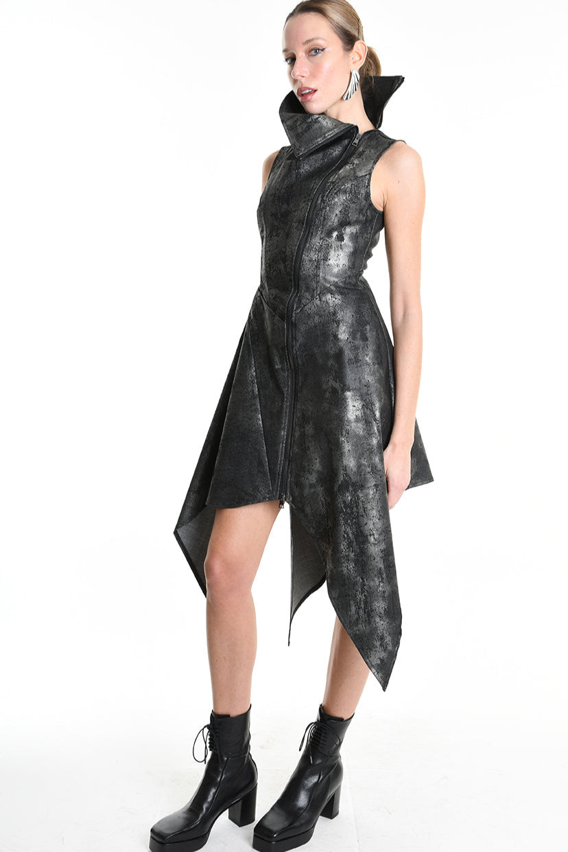 4B W5223 DRESS Sleeveless Asymmetric Gabardina Stretch Coated Black LA HAINE INSIDE US