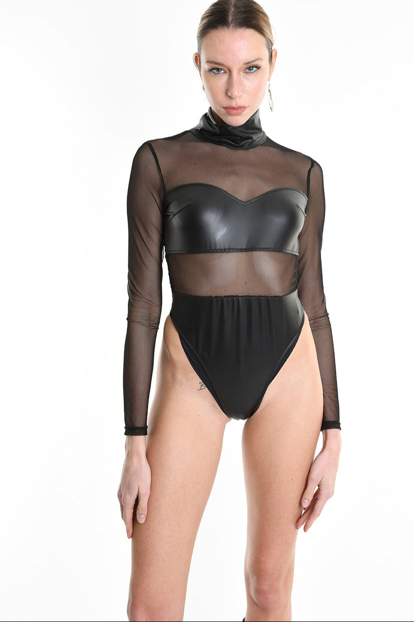 4B W5238 BODY Faux Leather Stretch & Tulle Black LA HAINE INSIDE US