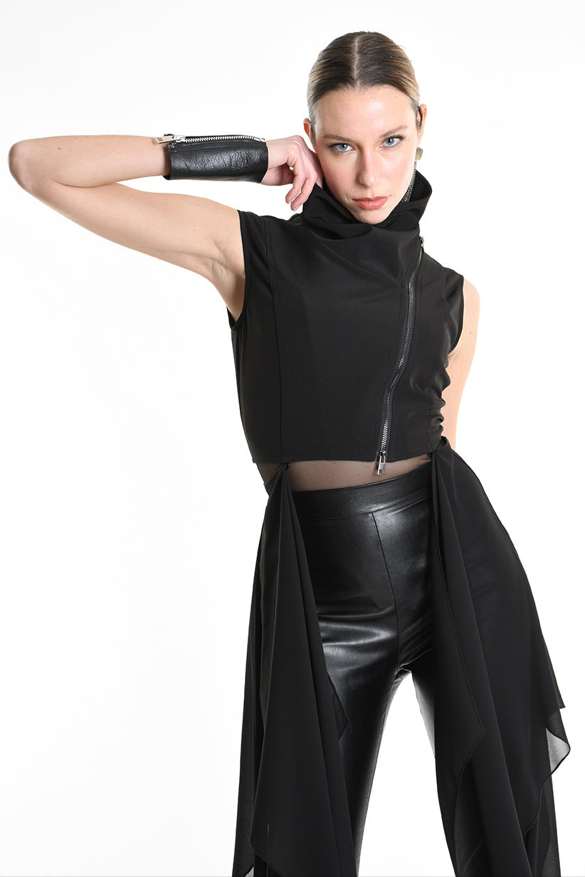 4B W5254 CROPPED VEST in Techno Stretch & Georgette Black LA HAINE INSIDE US