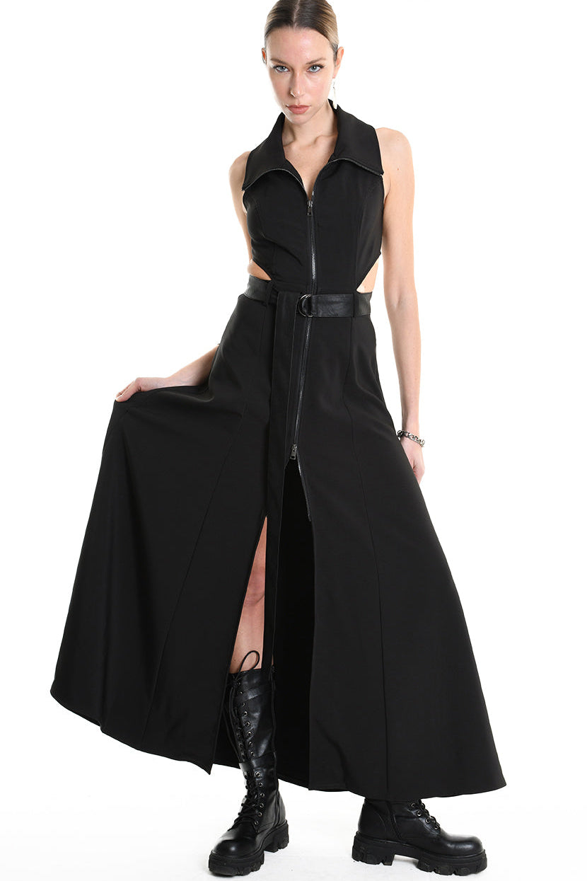 4B W5257 DRESS Long Sleeveless Tecno Stretch & Faux Leather Black LA HAINE INSIDE US