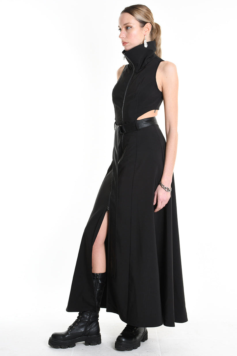 4B W5257 DRESS Long Sleeveless Tecno Stretch & Faux Leather Black LA HAINE INSIDE US