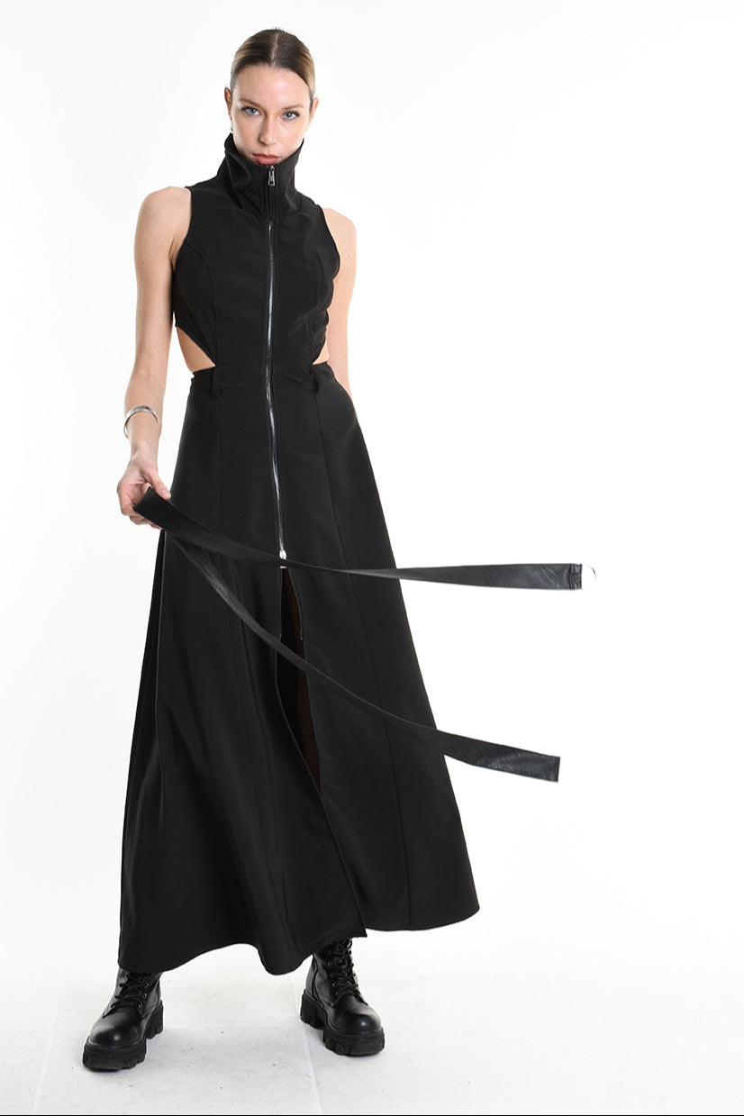 4B W5257 DRESS Long Sleeveless Tecno Stretch & Faux Leather Black LA HAINE INSIDE US