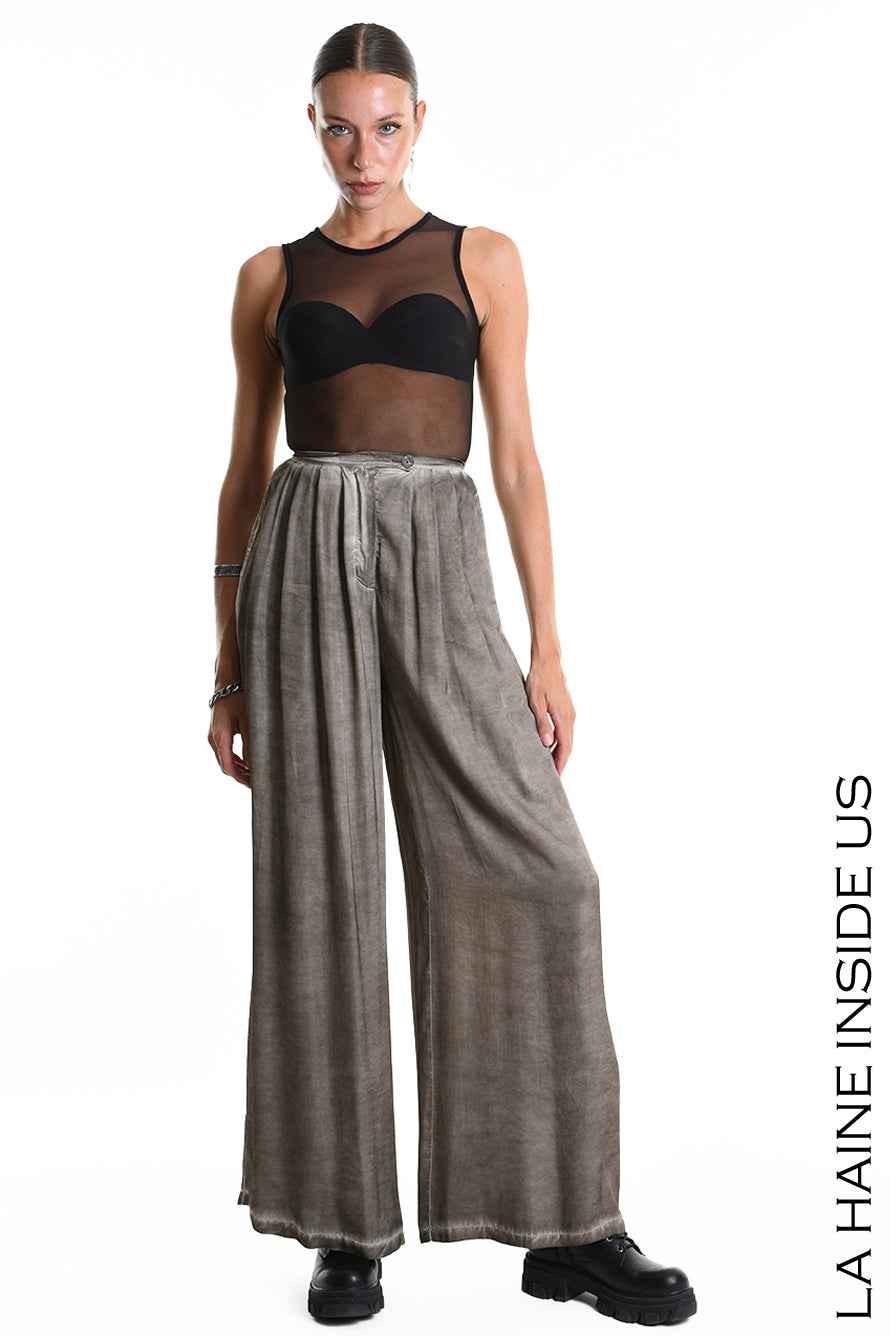 4B W5274 TROUSERS Palazzo Viscose Satin Dyed Cold Mud