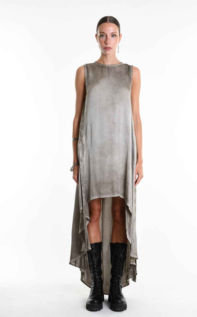 W5276 Asymmetric Dress - Gray Cold-Dyed Viscose Satin Button Ribbons Pockets Italian Women's