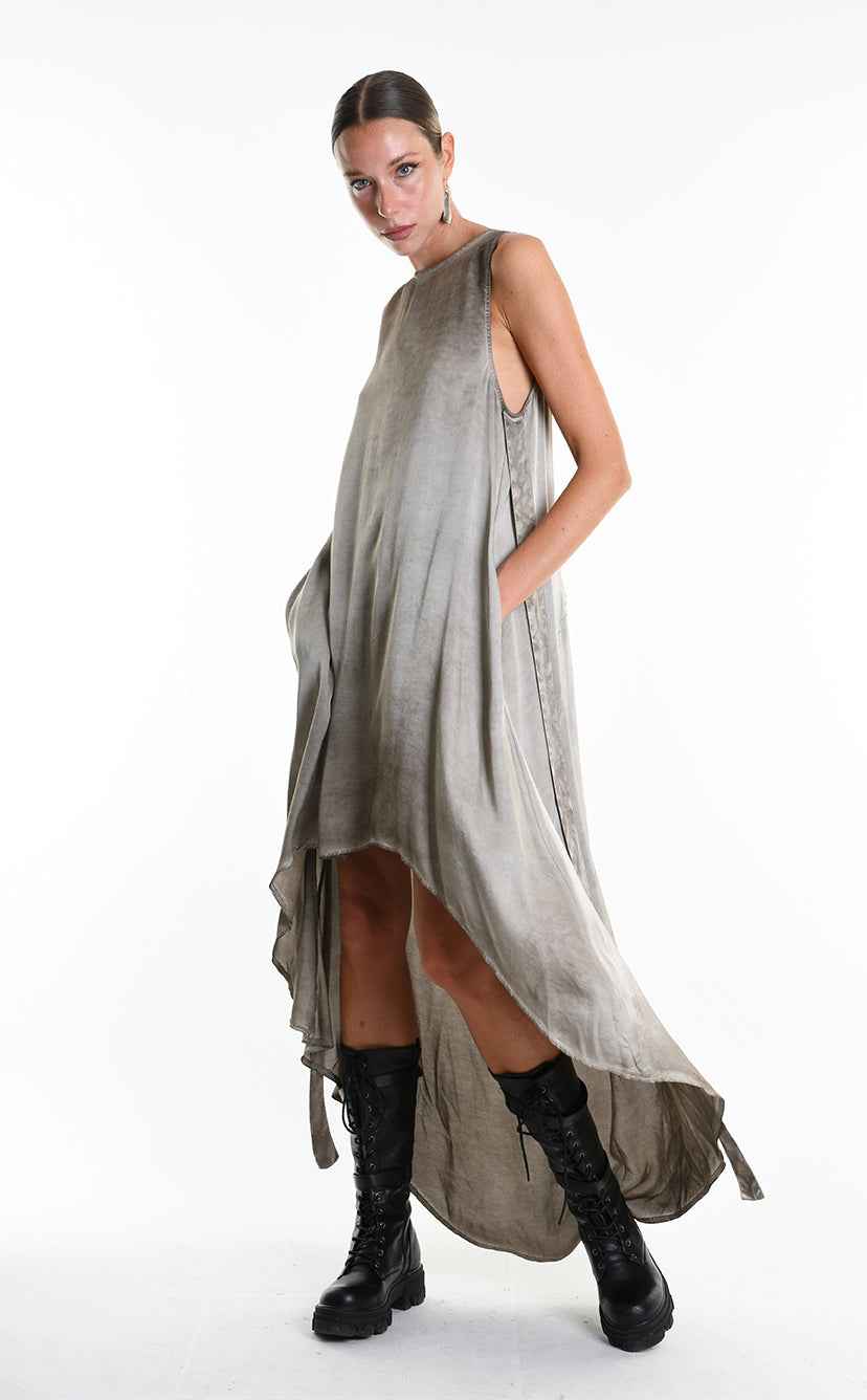 W5276 Asymmetric Dress - Gray Cold-Dyed Viscose Satin Button Ribbons Pockets Italian Women's