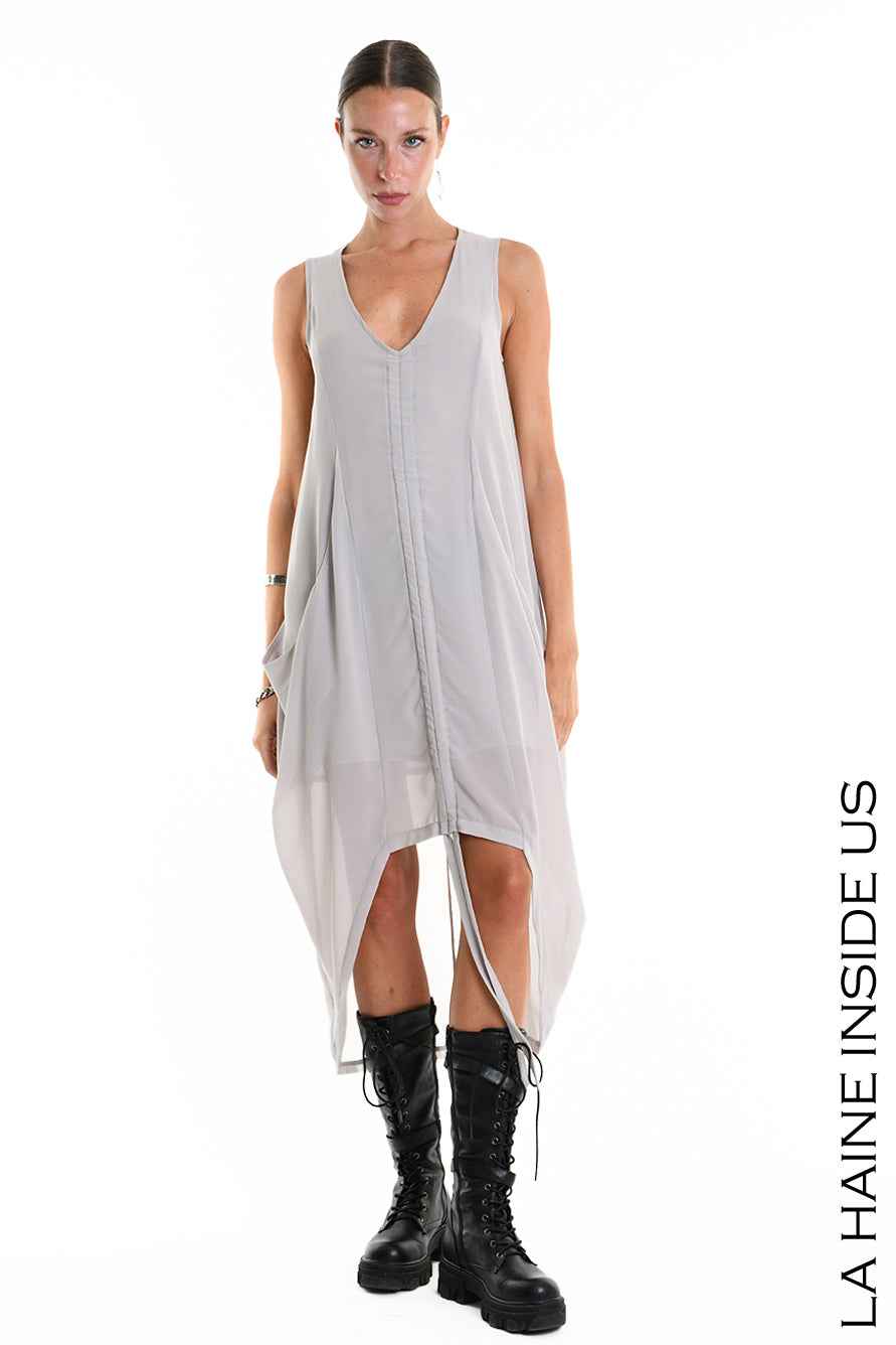 W5336 Regular Asymmetric Dress - Gray Georgette Lined Drawstring Pockets Italian Women's