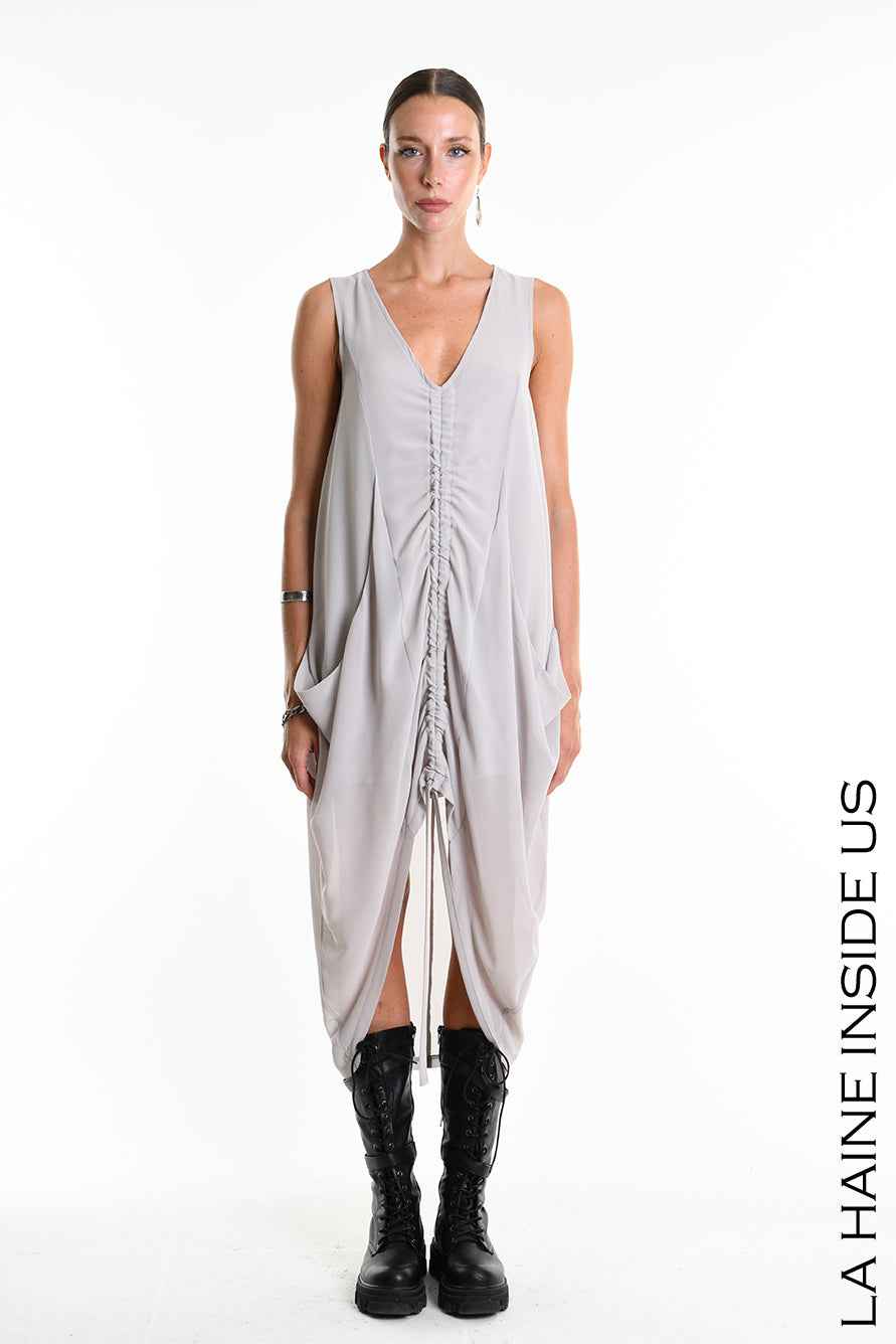 W5336 Regular Asymmetric Dress - Gray Georgette Lined Drawstring Pockets Italian Women's