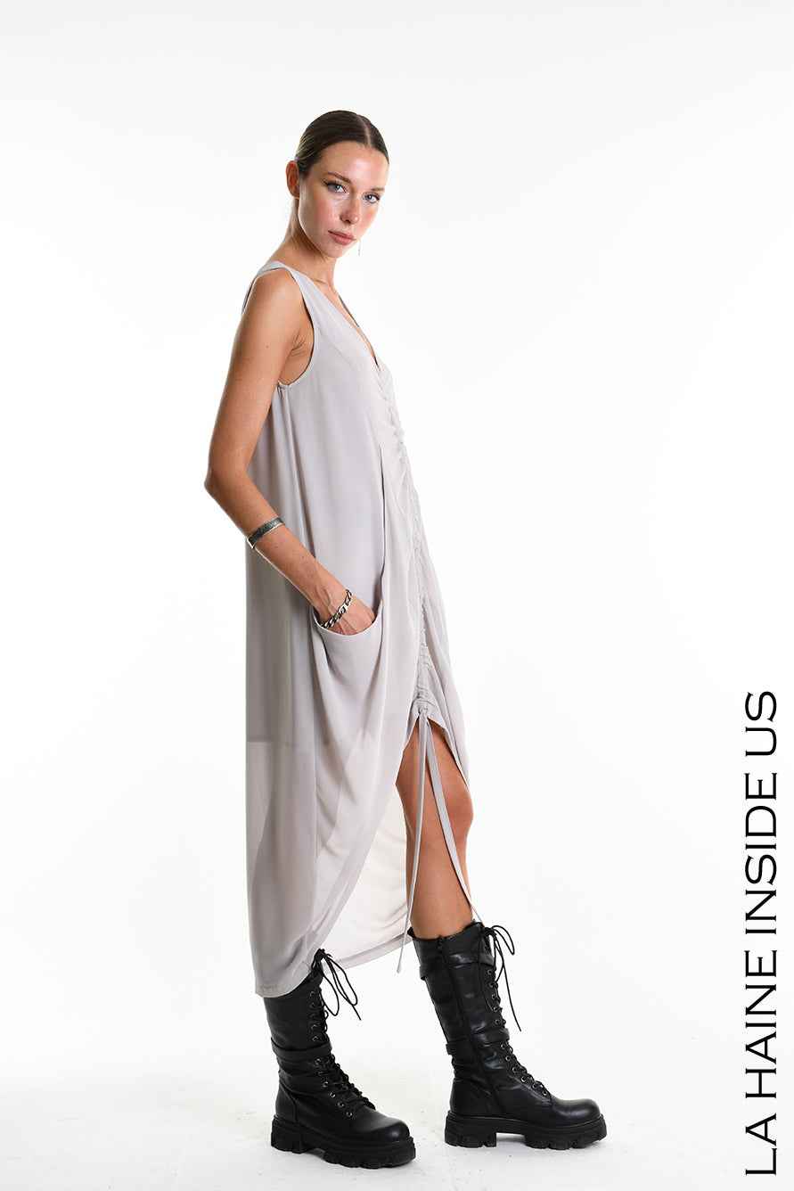 W5336 Regular Asymmetric Dress - Gray Georgette Lined Drawstring Pockets Italian Women's