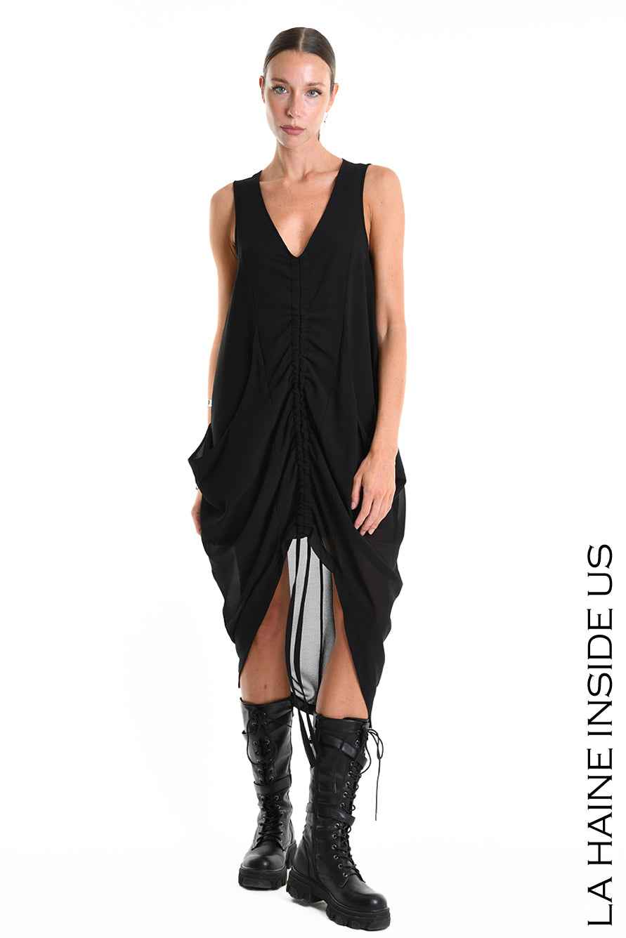 W5336 Regular Asymmetric Dress - Black Georgette Lined Drawstring Pockets Italian Women's