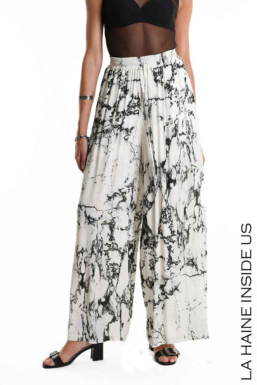4B W5337 TROUSERS Palazzo in Printed Viscose & Viscose Jersey White