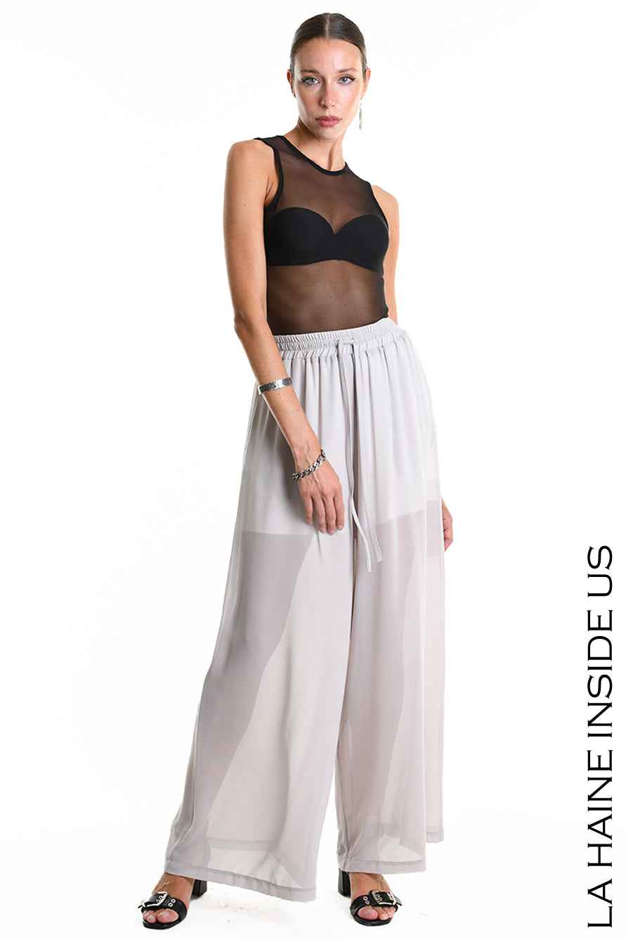 4B W5338 TROUSERS Palazzo in Georgette & Viscose Jersey Grey