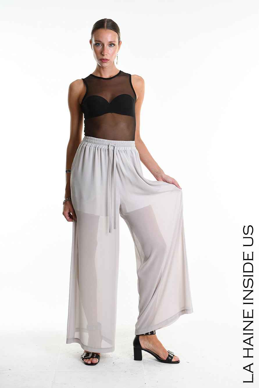 4B W5338 TROUSERS Palazzo in Georgette & Viscose Jersey Grey